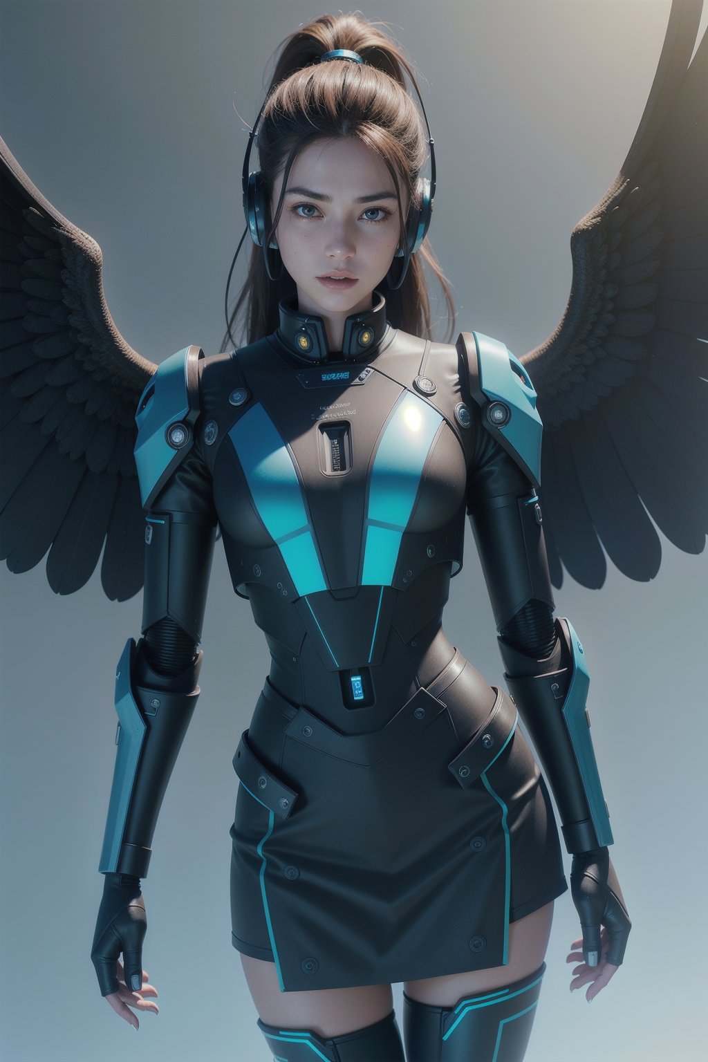 Full body photo, photograph, androgynous hunnuman, oval jaw, delicate features, beautiful face, dreadlocked hair, long ponytail, 22 year old, native Asian, standing. tartan_skirt, ((color black headset)). futuristic, science fiction, mecha ((blue mecha wings)). (8k, RAW photo, best quality, masterpiece:1.2), (realistic, photo-realistic:1.37), ultra high res, photon mapping, radiosity, physically-based rendering, (ambient light:1.3), (cinematic composition:1.0)