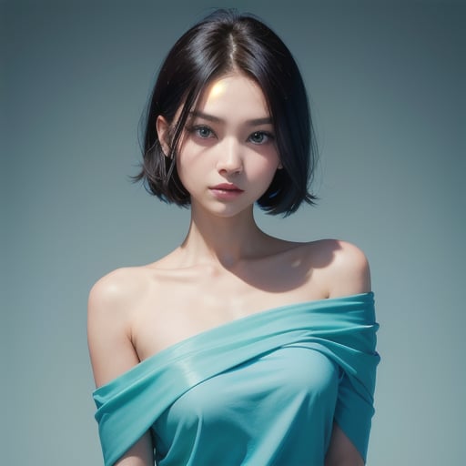 androgynous human, photograph, oval jaw, delicate features, beautiful face, light blue-green eyes, asian girl, off shoulder top, show shoulders, looking at viewer, facing straight the camera, outsides, showing nipple, gradient_background, full-body_portrait