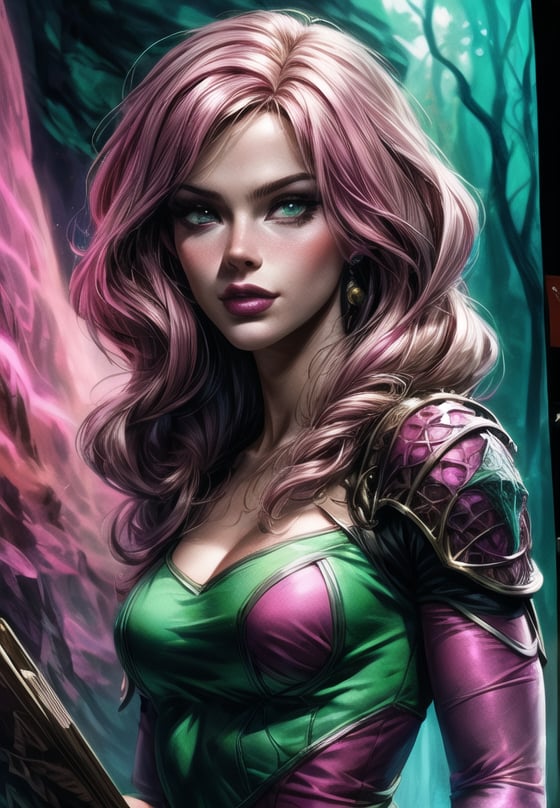  photorealistic drawing of  Barbie as human, hunter from the wilderness,   pink and green clothes, fantasy themed, D&D character design, hyper detailed face, dynamic light, graphic novel style, natural colors, dark fantasy, by frank miller and boris vallejo art, manga, detailed background, 60-30-10 color rule, parchment paper, masterpiece, best quality,