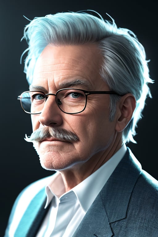 lightning strikes, abstract, high quality, UHD, Luminous Studio graphics engine, violet, cyan, octane render, cloudy haze, fiery members, old man Jerry Maguire with glasses and mustache portrait