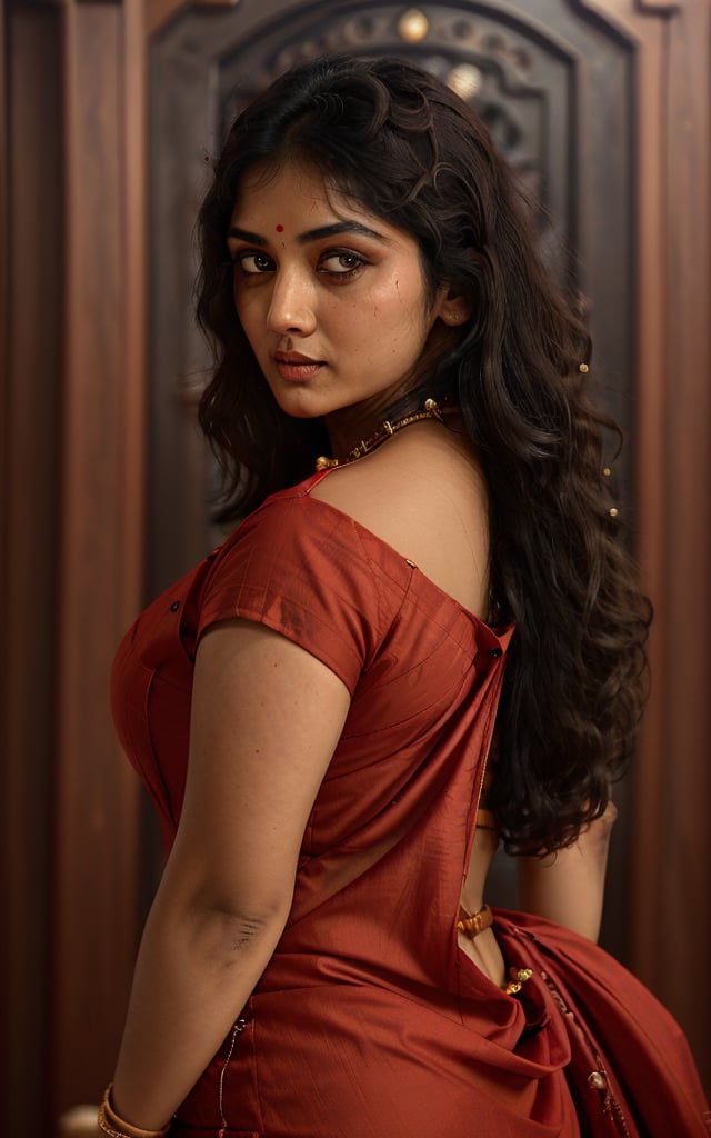 20 aged Tamilnadu girl , curly black long hair , red cloth , dress like traditional girl, with traditional jewels  , thin oval face , filled lips  , big breast , round ass,angry eyes in red color , curvy body sturcture ,Indian,anamr