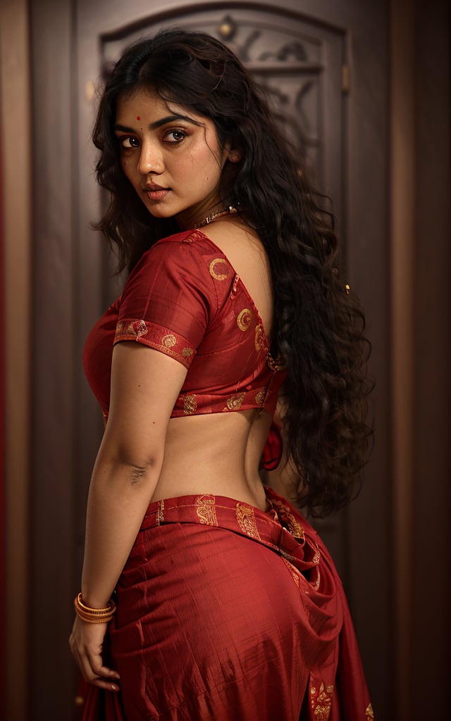 20 aged Tamilnadu girl , curly black long hair , red cloth , dress like traditional girl, with traditional jewels  , thin oval face , filled lips  , big breast , round ass,angry eyes in red color , curvy body sturcture ,Indian,anamr