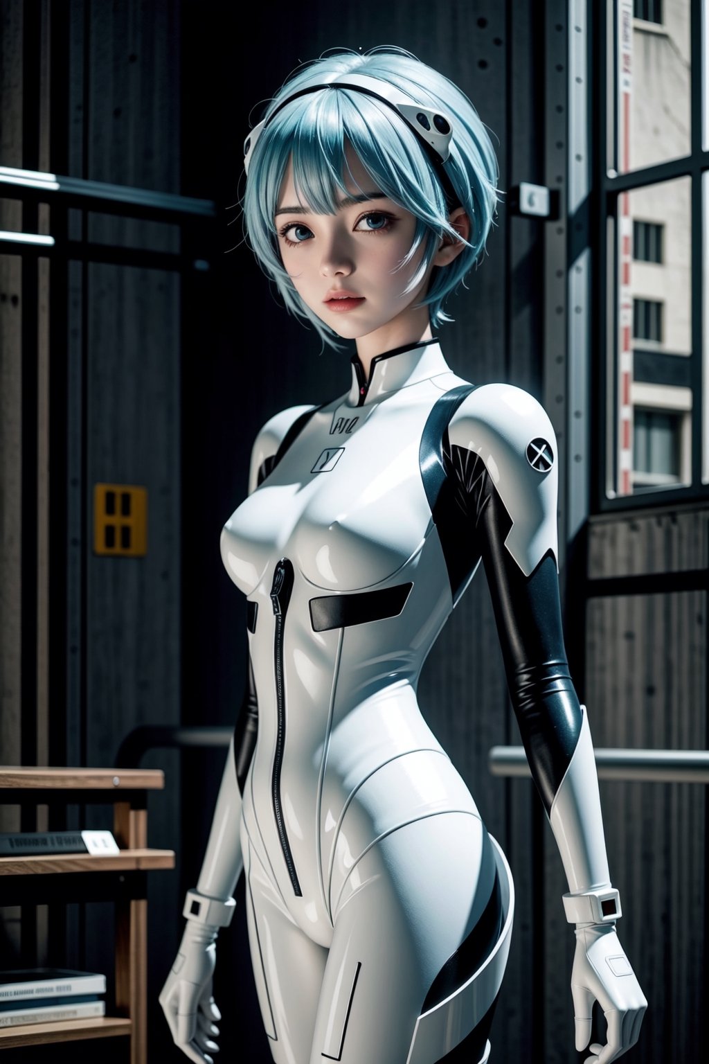 (masterpiece), science fiction, scenery, 1girl, short hair, bangs, aqua hair color, light blue eyes, mecha headgear, sci-fi bodysuits,
,1girl,rei ayanami,<lora:659111690174031528:1.0>