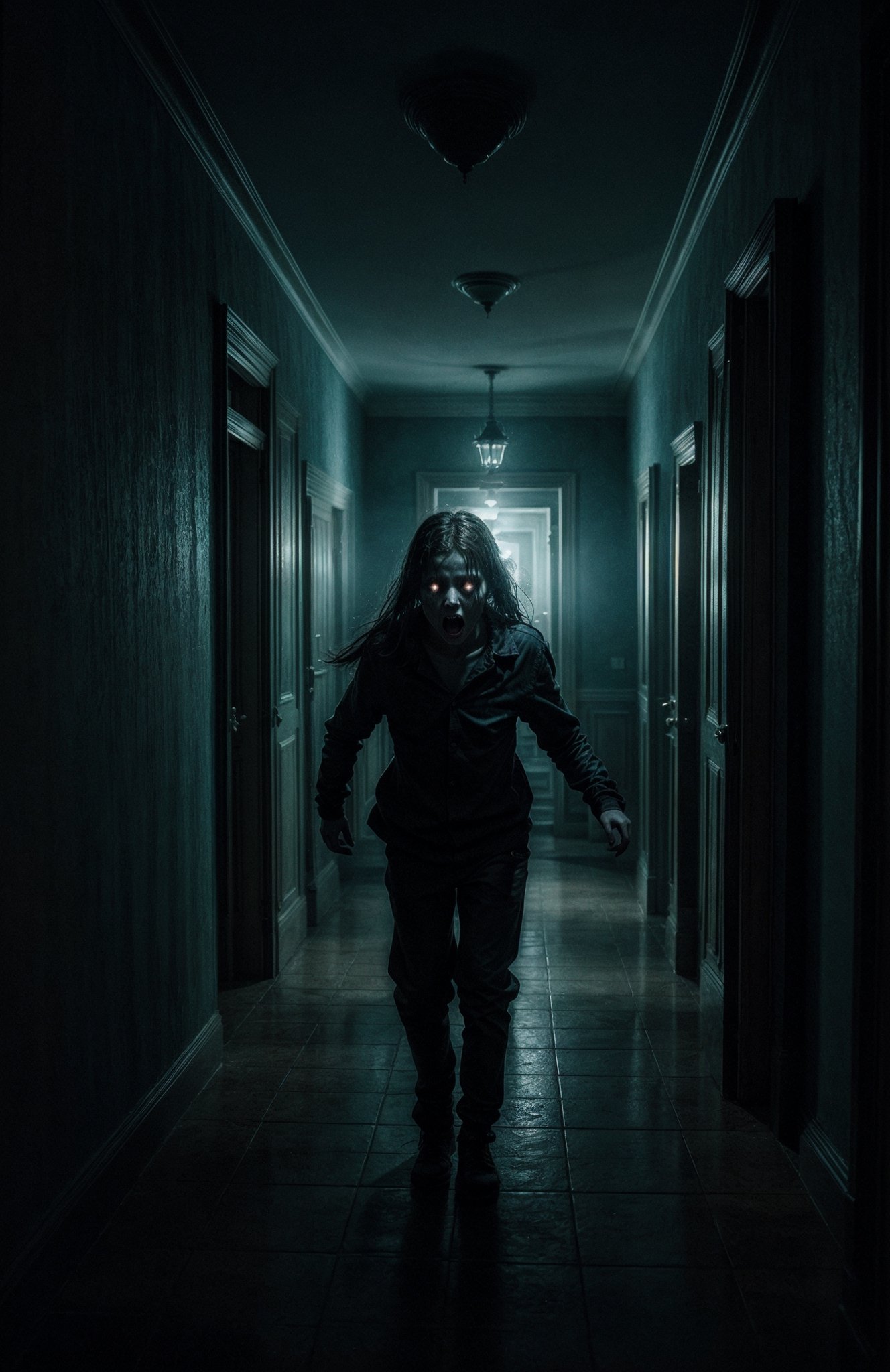 a hauntingly atmospheric photograph depicting a ghostly encounter in a dimly lit hallway. The ghost, with ethereal wisps and a menacing presence, looms over a terrified child who is running away from the ghost in fear. The child's face is contorted with terror as it scream in panic. The hallway is adorned with eerie shadows and flickering lights, adding to the sense of suspense and horror. The painting captures the intense emotions and thrilling narrative of the ghost chasing the child, creating a chilling and captivating scene. The art style is inspired by the works of H.R. Giger and Guillermo del Toro, combining elements of surrealism and gothic horror. The color palette is predominantly dark and moody, with hints of cold blues and desaturated tones, enhancing the eerie ambiance of the scene, DarkTheme,DarkTheme