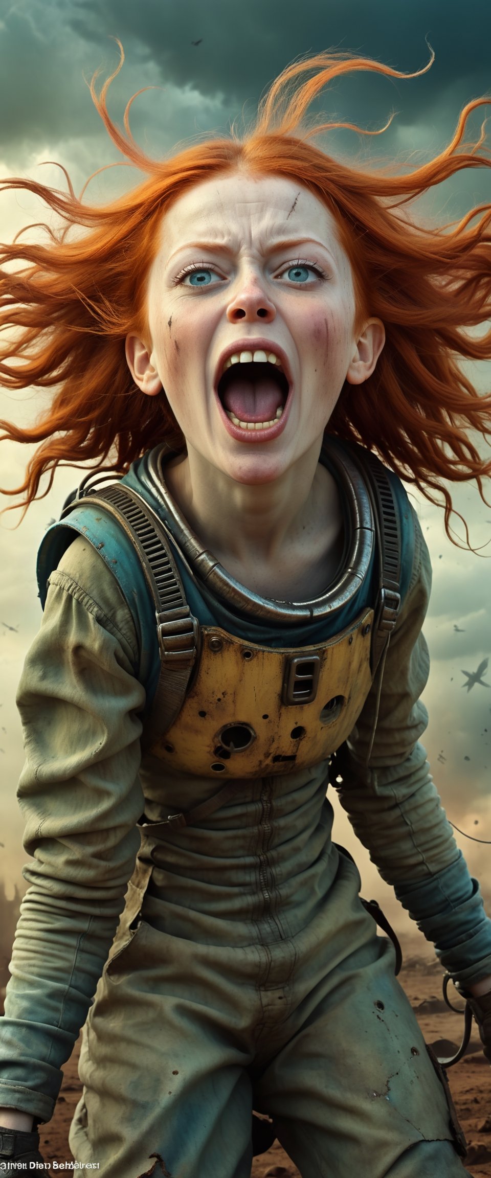 Photorealistic, young woman, redhead, wild hair, screaming, losing patience, in the style of Hieronymus Bosch, clowdy sky, post-apocalyptic, fantasy, 

Monster, detailmaster2