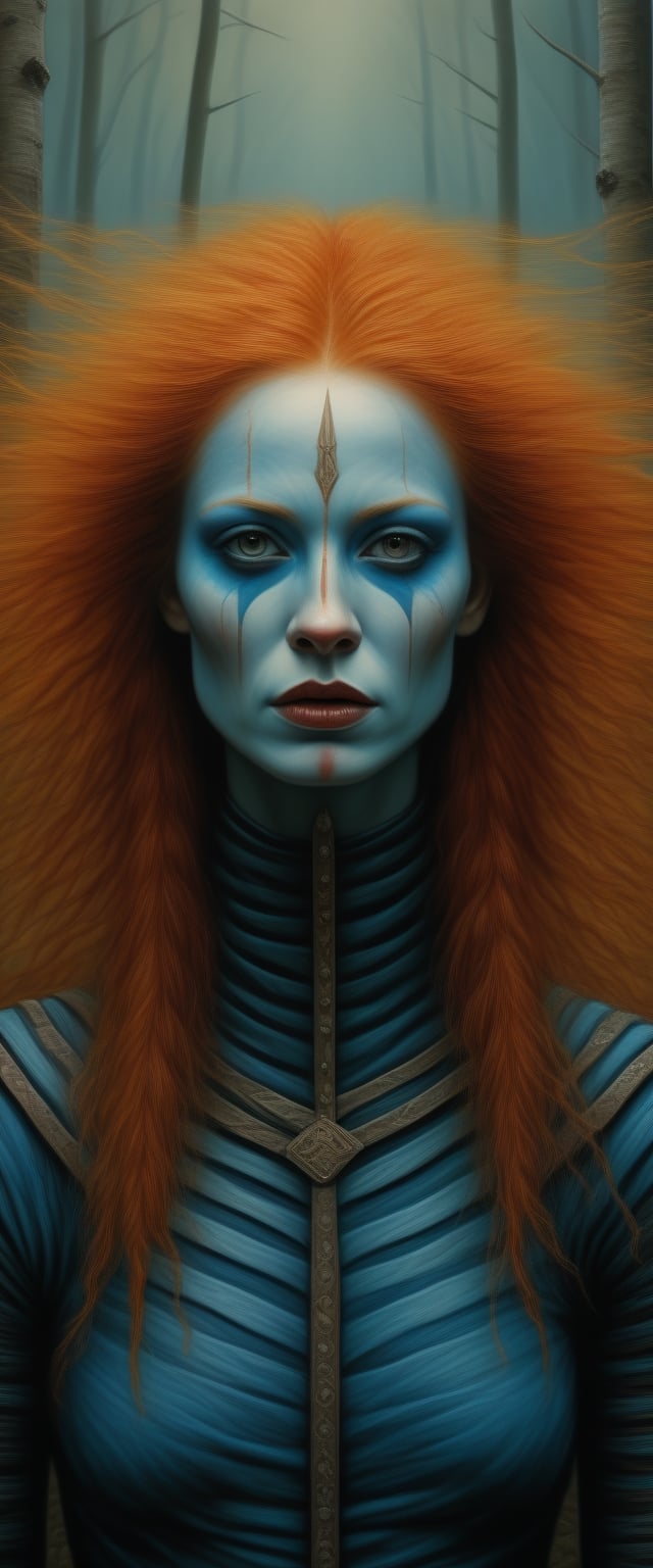 hyper realistic painting, a female Scottish warrior, beautiful and dangerous, blue warpaint, pale skin, long ginger-hair, Celtic Warrior, forest background, gritty sharp focus, intricate, digital painting, highly detailed, high detailed face, soft lighting, vibrant colors, masterpiece,<lora:659095807385103906:1.0>