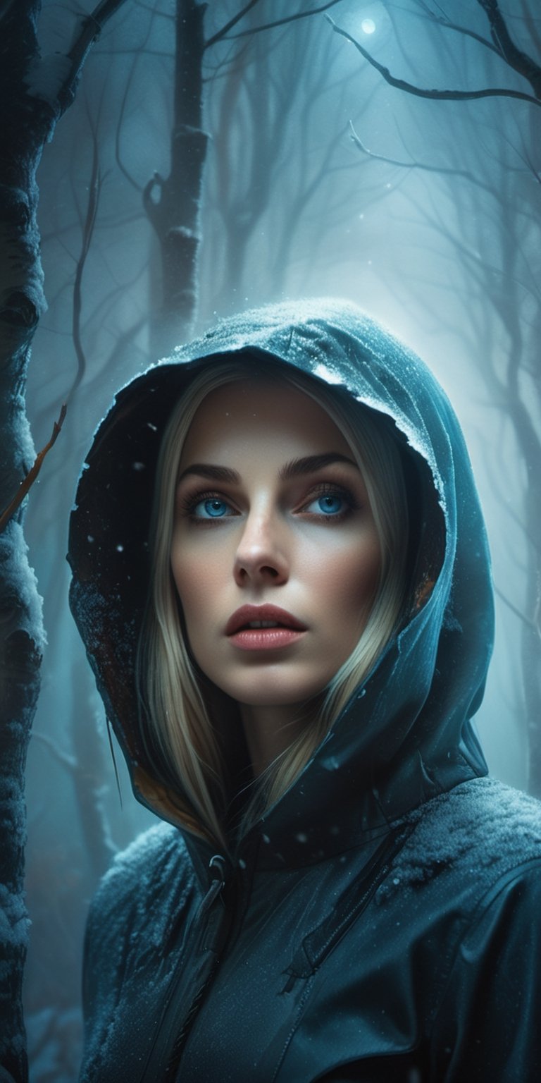 Classic horror painting. Blonde woman with angular face and piercing blue eyes, wearing a bulky old-style hooded parka, walking fearfully, lost, frreezing, snow storm, forest at night, full moon, intricate details, HDR, beautifully shot, hyperrealistic, sharp focus, 64 megapixels, perfect composition, high contrast, cinematic, atmospheric, moody), concept artist, global illumination, depth of field, 

more detail XL