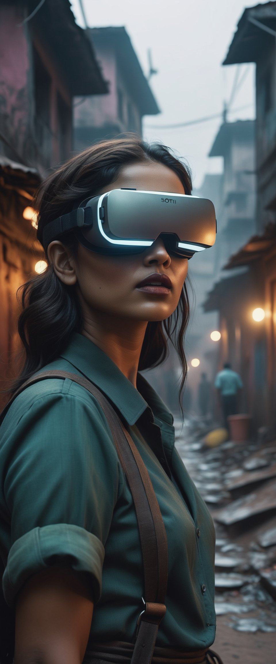 Escape from reality, a woman in the street wearing a LED VR visor to enter a better virtual world, dirty street, poverty, film photography, Indian slums. masterpiece, realism, cinemascope, moody, grim, highly detailed, dim light, 

darkart