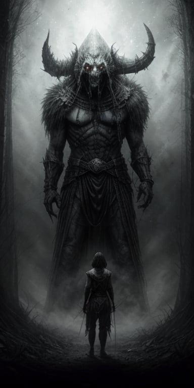 a warrior with a face covering helmet standing in front of a very tall monster, looking in the camera, monster is his allie, an ominous fantasy illustration, dark fantasy horror art, dark fantasy artwork, dark fantasy illustration, inspired by Beksinski, in style of dark fantasy art, dark fantasy style art, fantasy horror art, dark fantasy art, beksinski style, dark concept art, dark fantasy concept art, horror fantasy art, fantasy horror art, photorealistic dark concept art, in style of dark fantasy art, lich vecna (d&d), dark fantasy art, detailed 4k horror artwork, stefan koidl inspired, ((stefan koidl))