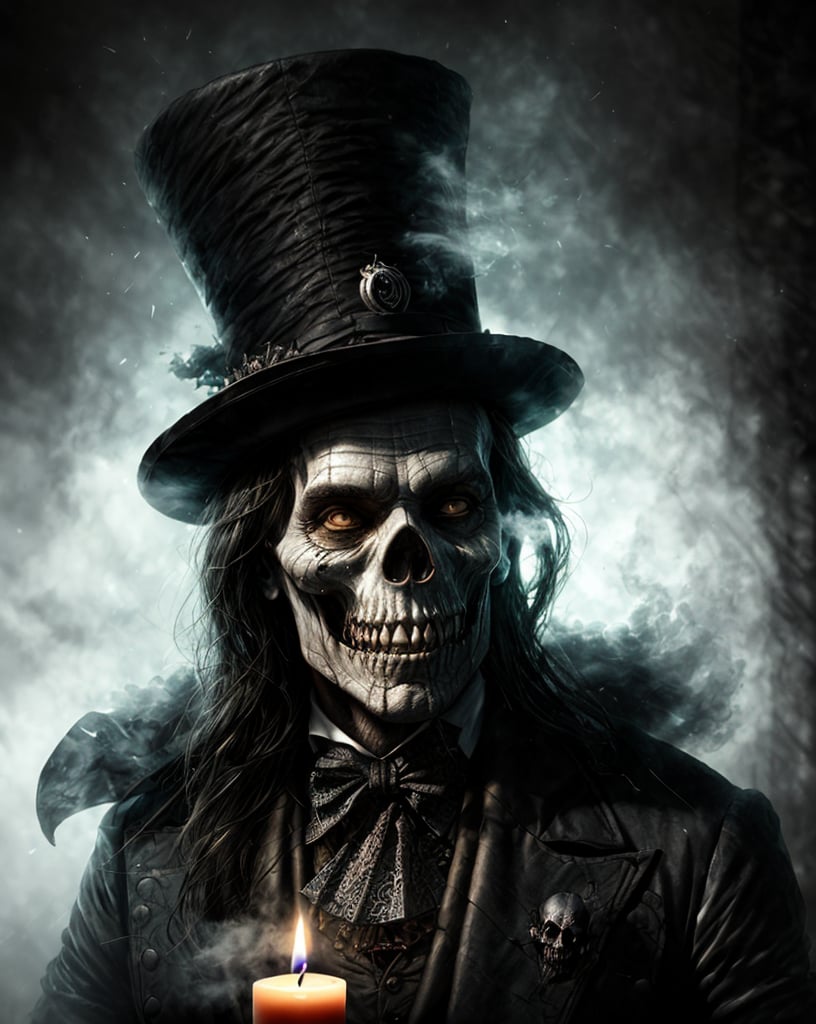 a close up of a person wearing a top hat and holding a candle, surrounded by smoke, grim-hatter, undead, ((black man)), (((white eyes))), witch - doctor, horror fantasy art, dark fantasy horror art, the king of voodoo, fantasy horror art, dark concept art, in style of dark fantasy art, lich vecna (d&d), dark fantasy art, detailed 4k horror artwork, stefan koidl inspired, ((stefan koidl))
