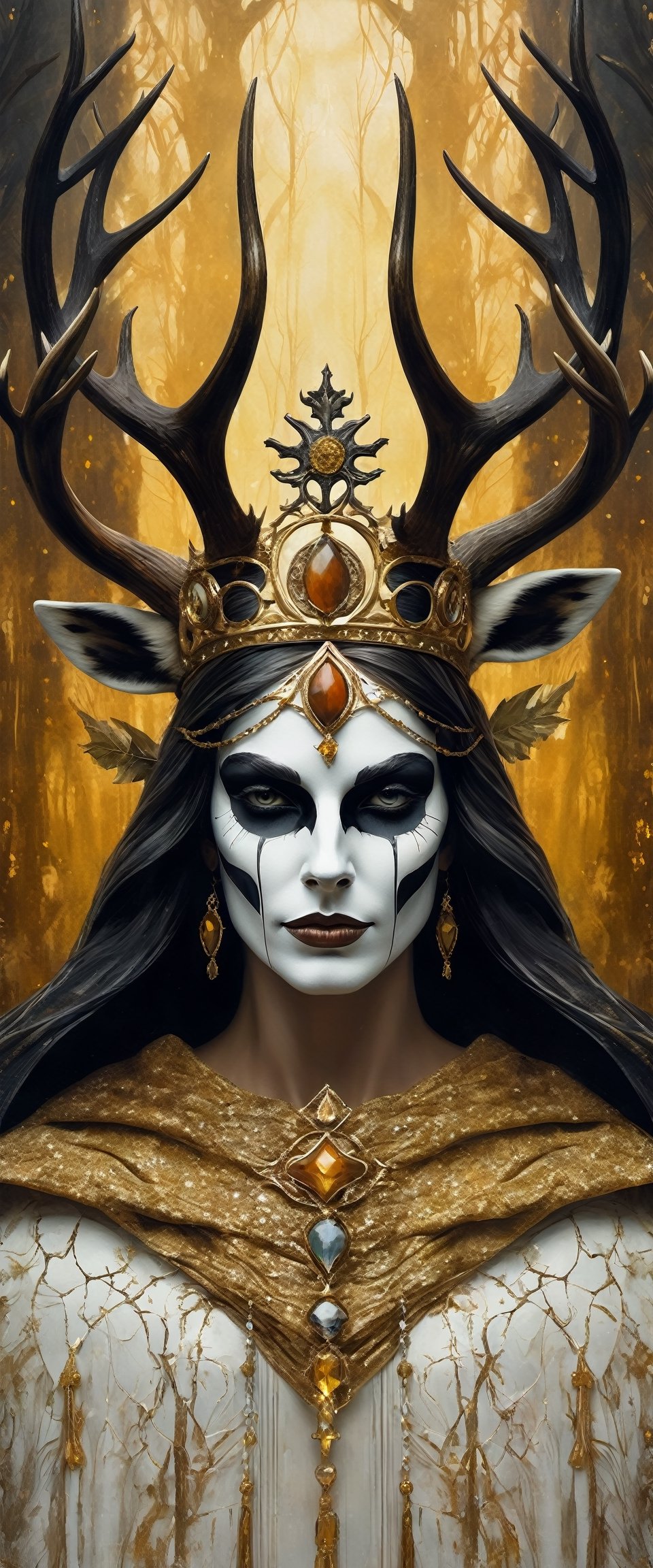 A surrealist paint splash painting, a spooky god in a cloak and mask, looking straight into the camera, deer antlers, tiara crown, background is a magnificent shrine, golden colored, white and black color scheme, highly detailed, detailed face, soft body, cinematic movie still, 

photo r3al