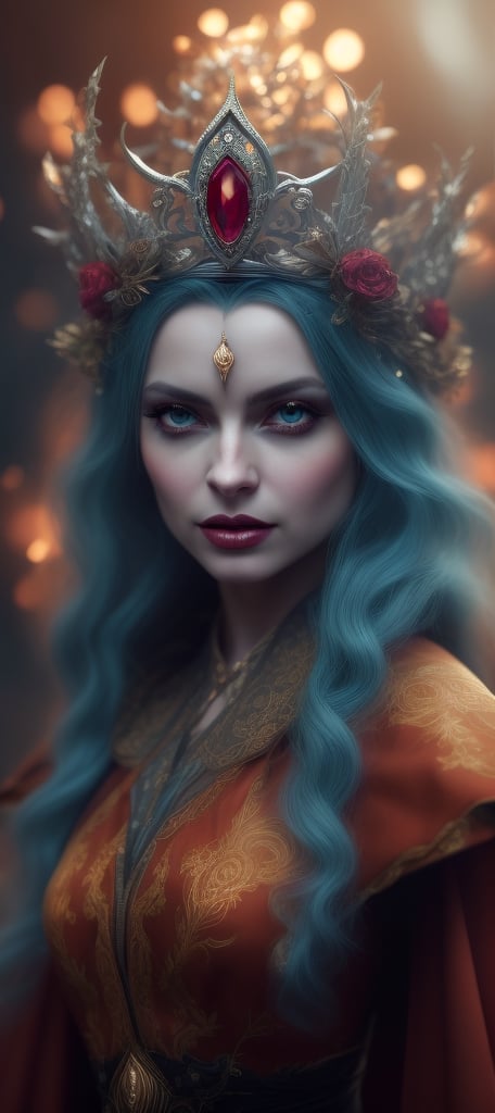 woman with a red and black dress and a crown, cinematic goddess close shot, hyper-detailed fantasy character, cinematic goddess shot, detailed matte fantasy portrait, beautiful elegant demon queen, fantasy style 8 k octane render, beautiful elf with ornate robes, fantasy character photo, Tomasz Alen Kopera and CGsociety, portrait of very beautiful elf,col