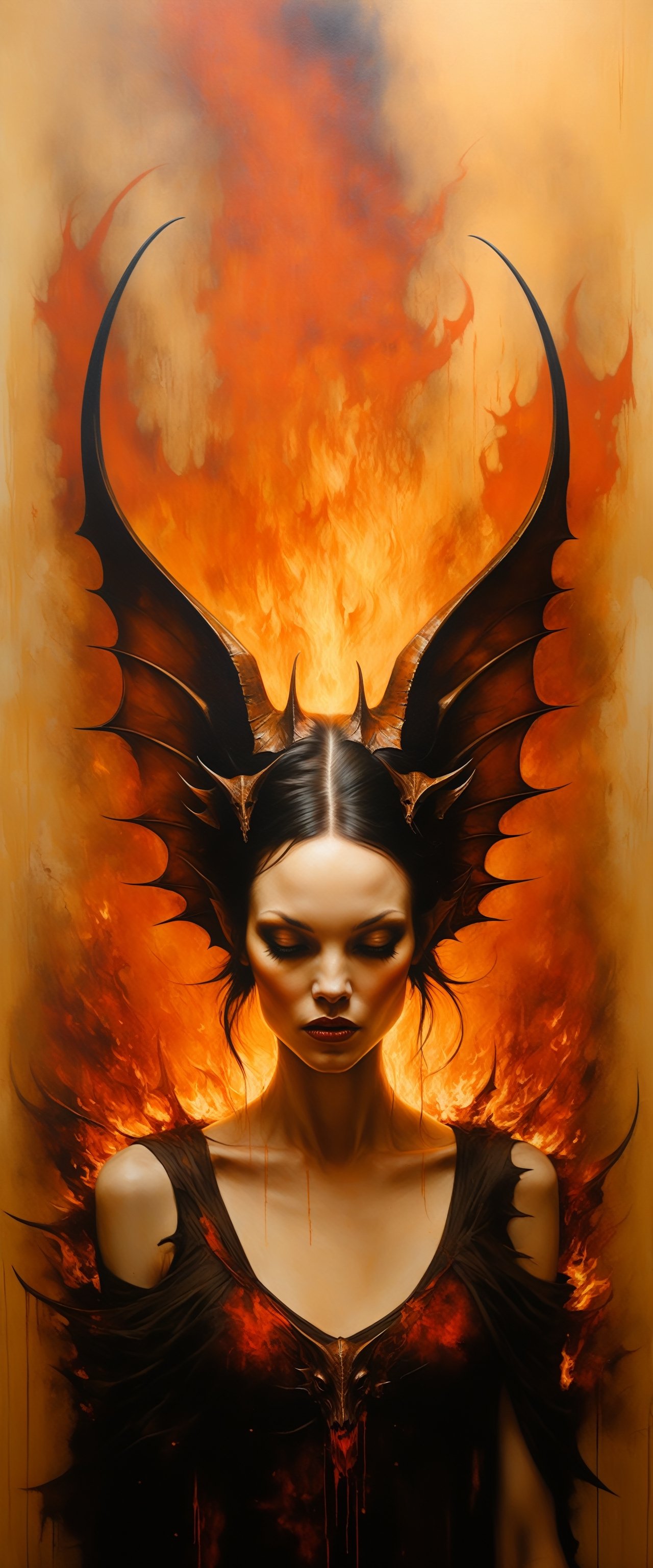 highly detailles concept art, a painting of a succubus surrounded by flames, graffiti art, inspired, horns, wings, burning heavely, red and orange, 

aesthetic portrait, detailmaster2