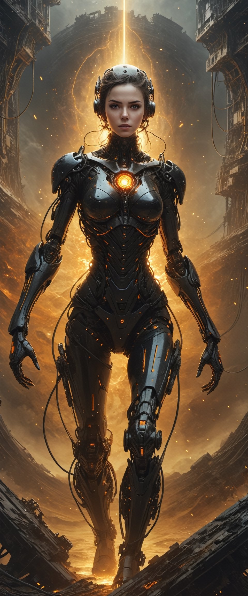 (masterpiece), best quality, extreme detailed, intricate, (1girl), cyborg walking towards the camera, self assured, glowing, energy, forceful, full body shot, cables, connections, futuristic blurry background, robot, mecha, science fiction, realistic, black and orange palette,   

more detail XL