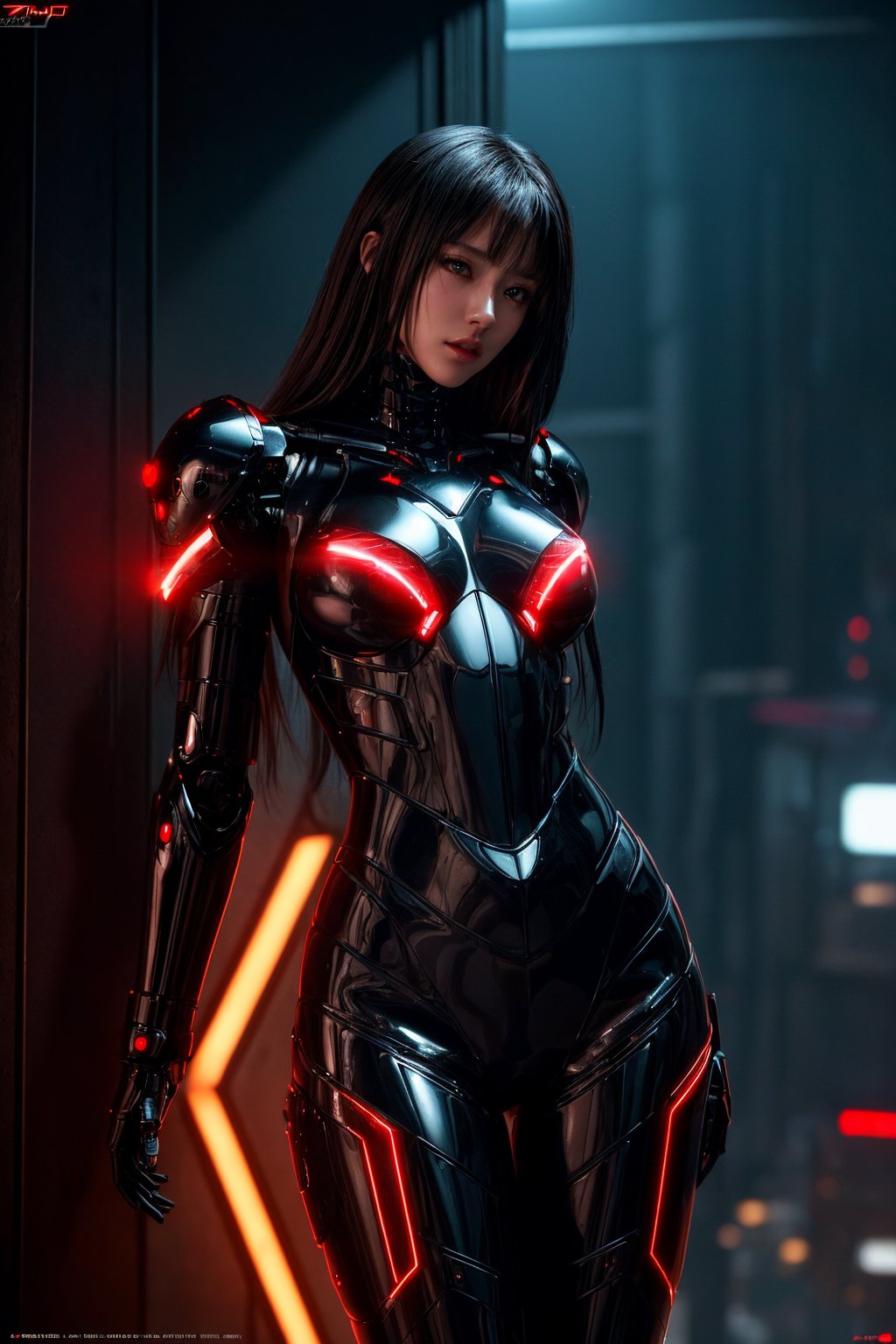 (masterpiece:1.2, best quality:1.2, beautiful, high quality, highres:1.1, aesthetic), detailed, extremely detailed, cowboy shot, ambient soft lighting, perfect eyes, perfect face, 1girl, thicc, long hair, hair ornament, normal breasts, black cybernetic, black cybernetic_enhancements, black cybernetic amor, spikes amor shoulder, red lighting holes in the armor, looking at the viewer, above view, top view, slim body, futuristic cities, sexy pose, erotic pose, full_body, black, night time