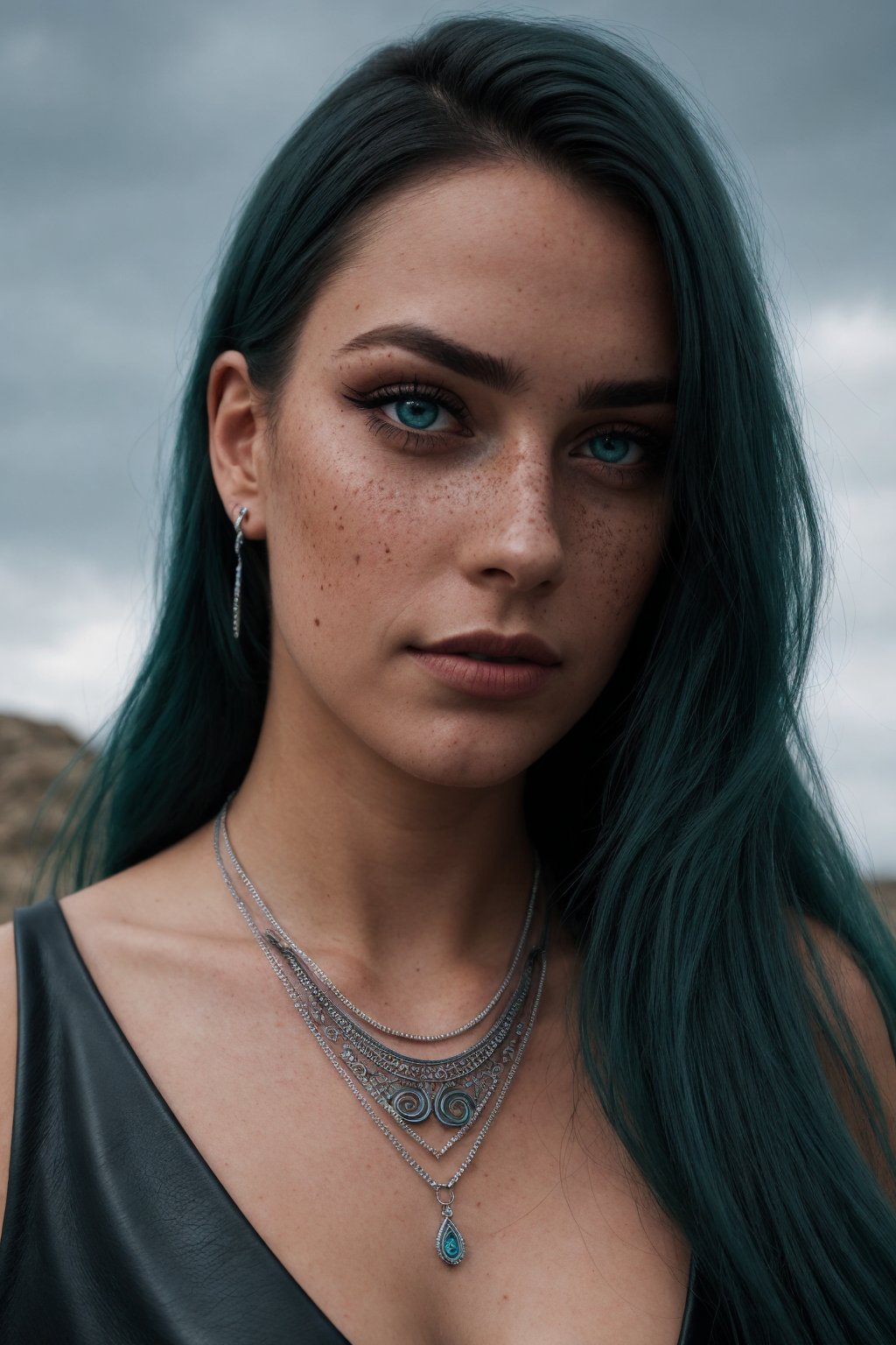 photo, rule of thirds, dramatic lighting, long flowing hair, abstract face, detailed nose, woman wearing off-shoulder top, freckles, unique pendant necklace, mysterious smile, intricate arm tattoo, dreamy background, surrealism, imaginative, raw, analog, woman, portrait, photorealistic, analog, surrealism, curvy figure, black leather skirt, uncensored, dark_blue_background, abstract_red_background, creative eye makeup, green_eyes, silver_hair, 8k