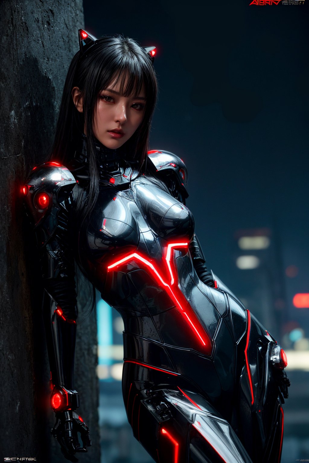 (masterpiece:1.2, best quality:1.2, beautiful, high quality, highres:1.1, aesthetic), detailed, extremely detailed, cowboy shot, ambient soft lighting, perfect eyes, perfect face, 1girl, thicc, long hair, hair ornament, normal breasts, black cybernetic, black cybernetic_enhancements, black cybernetic amor, spikes amor shoulder, red lighting small holes in the armor, looking at the viewer, above view, top view, slim body, futuristic cities, sexy pose, erotic pose, full_body, black, night time, blurry background 