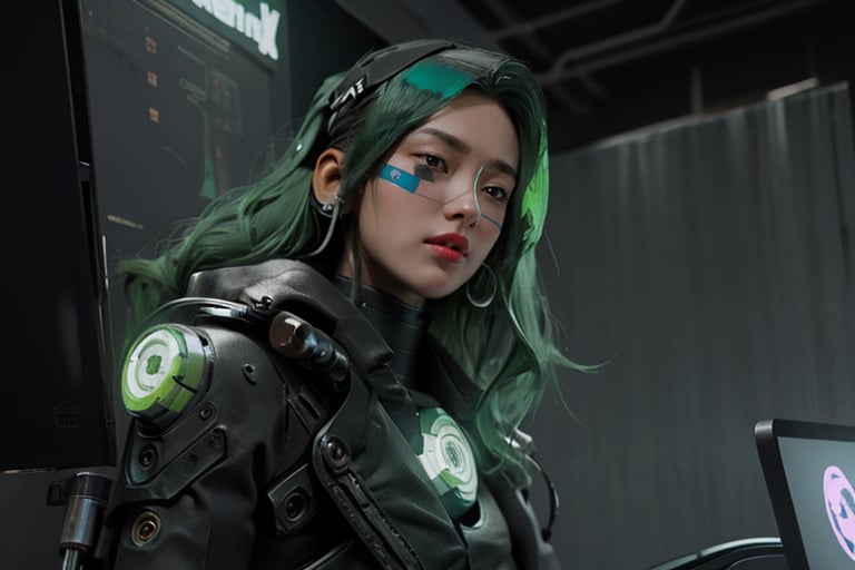 A beautiful cyborg woman, green hair, eye patch on one eye, droid outfit, cyberpunk, cyborg body, futuristic, unreal engine, 3d blender, cybernetic arms, anatomical