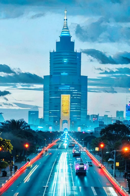 large cyber punk look like Myanmar city,include Pagoda and oldies building, Lighting Roads.