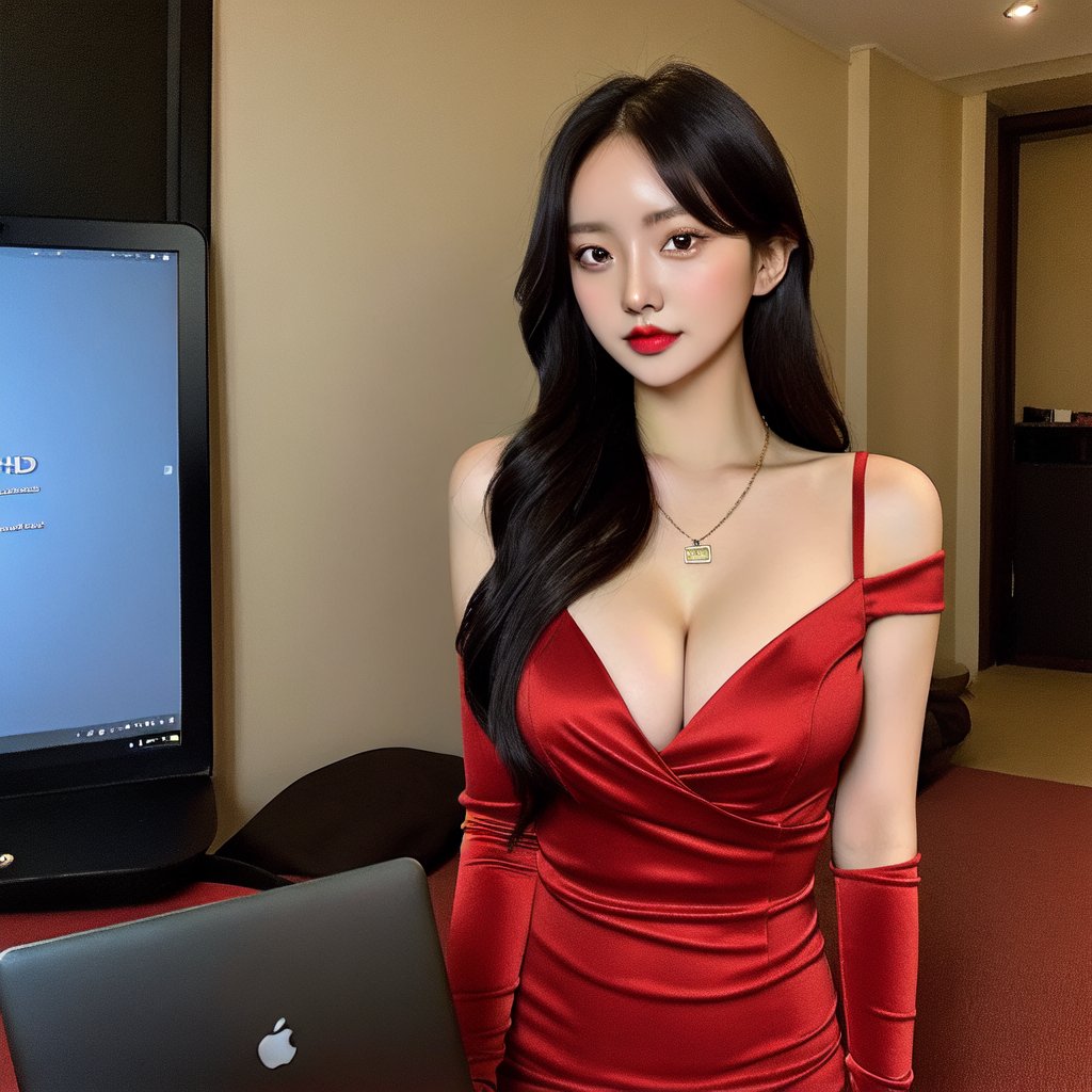 best quality, raw photo, fully photo, courtesy, uhd, 1girl, solo, small breasts, holding laptop, document, necklace, cleavage, long hair tail, black hair, seductive, red evening gown, showing hand, lady, standing, erotic pose, pore, looking at viewer, detailed background, white skin, highres, hdr, intricate detail