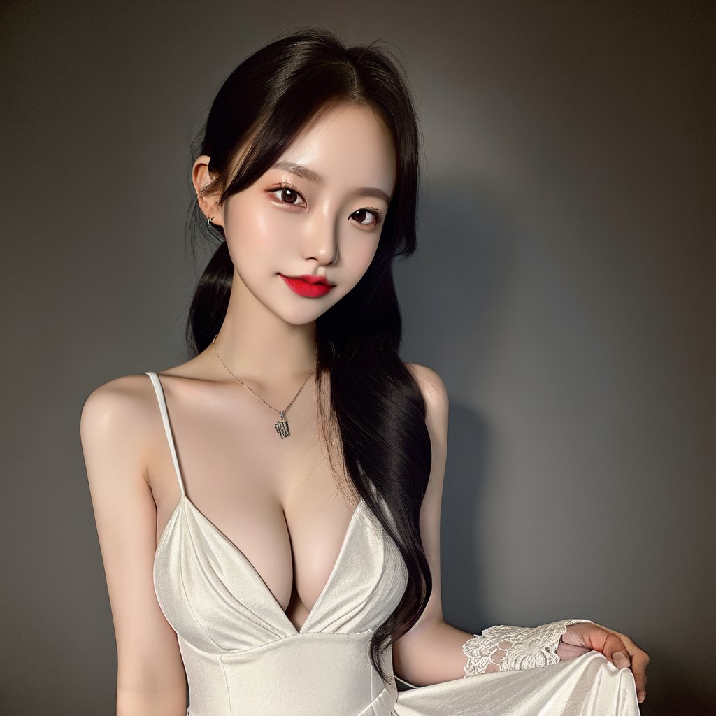 best quality, raw photo, fully photo, uhd, 1girl, solo, small breasts, document, necklace, cleavage, long hair, black hair, long_ponytail, seductive, black white gradient evening gown, showing hand, lady, standing, erotic pose, pore, looking at viewer, detailed background, white skin, highres, hdr, intricate detail