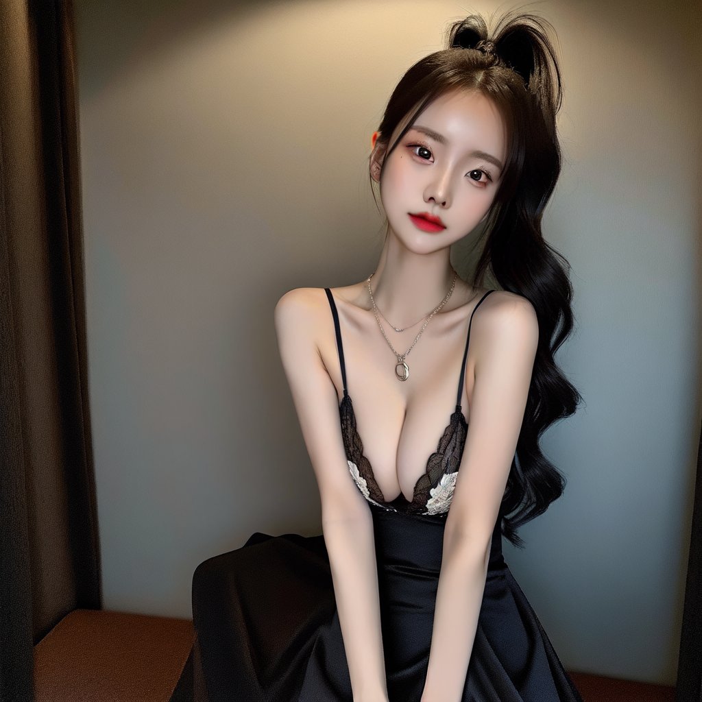 best quality, raw photo, fully photo, uhd, 1girl, solo, small breasts, document, necklace, cleavage, long hair, black hair, long_ponytail, seductive, black gradient evening gown, showing hand, lady, standing, erotic pose, pore, looking at viewer, detailed background, white skin, highres, hdr, intricate detail