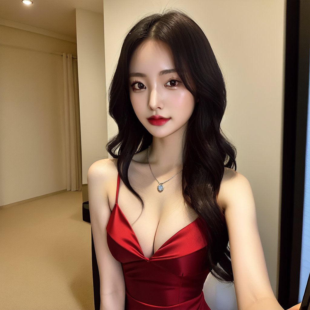 best quality, raw photo, fully photo, courtesy, uhd, 1girl, solo, small breasts, holding laptop, document, necklace, cleavage, long hair tail, black hair, seductive, red evening gown, showing hand, lady, standing, erotic pose, pore, looking at viewer, detailed background, white skin, highres, hdr, intricate detail