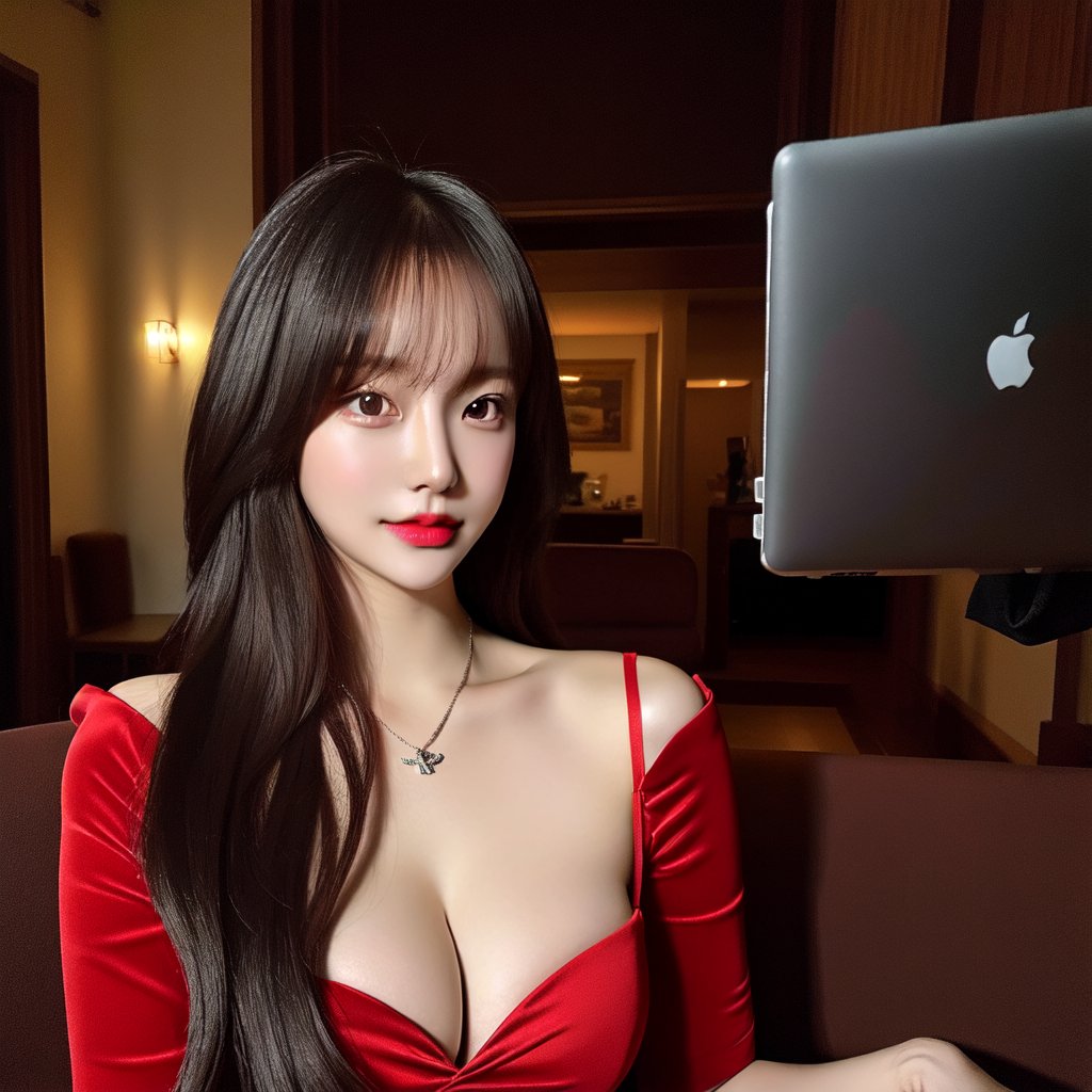 best quality, raw photo, fully photo, courtesy, uhd, 1girl, solo, small breasts, holding laptop, document, necklace, cleavage, long hair tail, black hair, seductive, red evening gown, showing hand, lady, standing, erotic pose, pore, looking at viewer, detailed background, white skin, highres, hdr, intricate detail