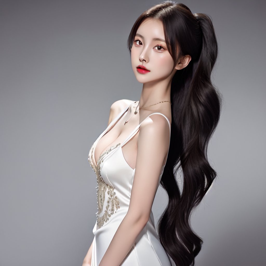 best quality, raw photo, fully photo, uhd, 1girl, solo, small breasts, document, necklace, cleavage, long hair, black hair, long_ponytail, seductive, black white gradient evening gown, showing hand, lady, standing, erotic pose, pore, looking at viewer, detailed background, white skin, highres, hdr, intricate detail