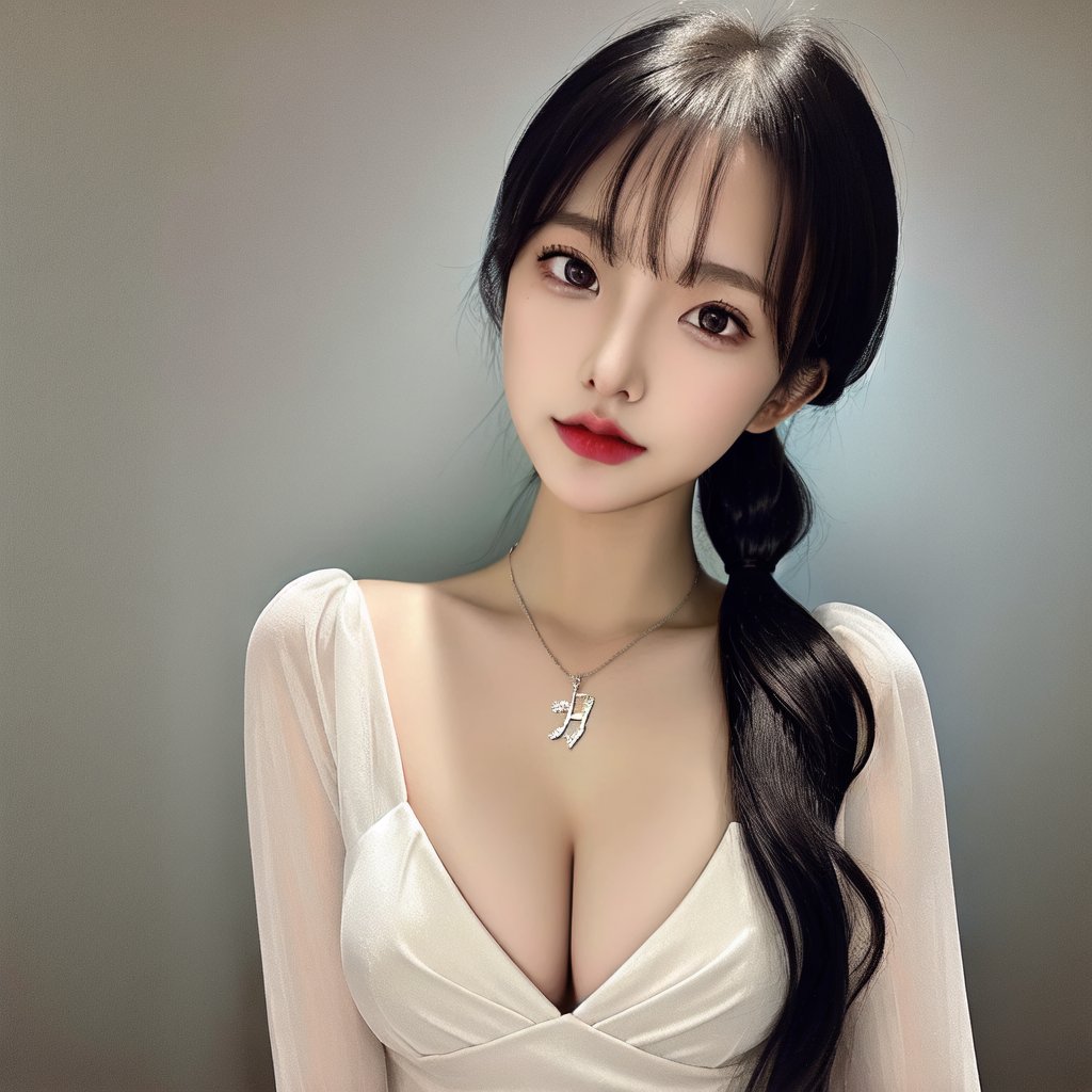 best quality, raw photo, fully photo, uhd, 1girl, solo, small breasts, document, necklace, cleavage, long hair, black hair, long_ponytail, seductive, black white gradient evening gown, showing hand, lady, standing, erotic pose, pore, looking at viewer, detailed background, white skin, highres, hdr, intricate detail