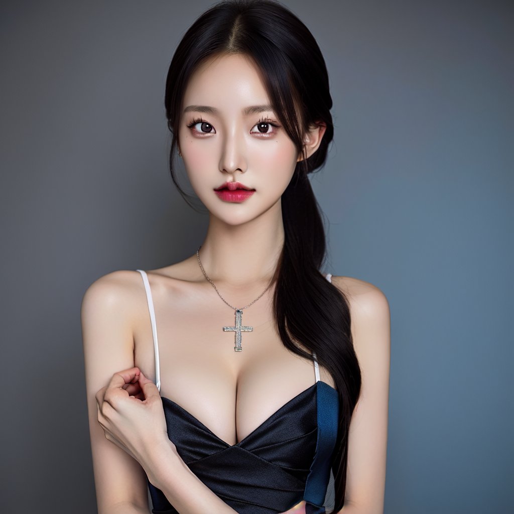 best quality, raw photo, fully photo, uhd, 1girl, solo, small breasts, document, necklace, cleavage, long hair, black hair, long_ponytail, seductive, blue black gradient evening gown, showing hand, lady, standing, erotic pose, pore, looking at viewer, detailed background, white skin, highres, hdr, intricate detail