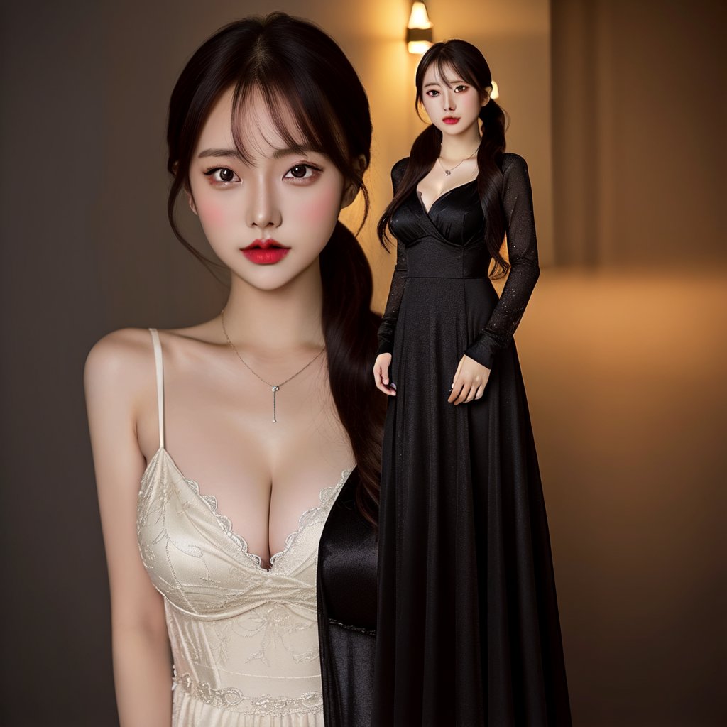 best quality, raw photo, fully photo, uhd, 1girl, solo, small breasts, document, necklace, cleavage, long hair, black hair, long_ponytail, seductive, black gradient evening gown, showing hand, lady, standing, erotic pose, pore, looking at viewer, detailed background, white skin, highres, hdr, intricate detail