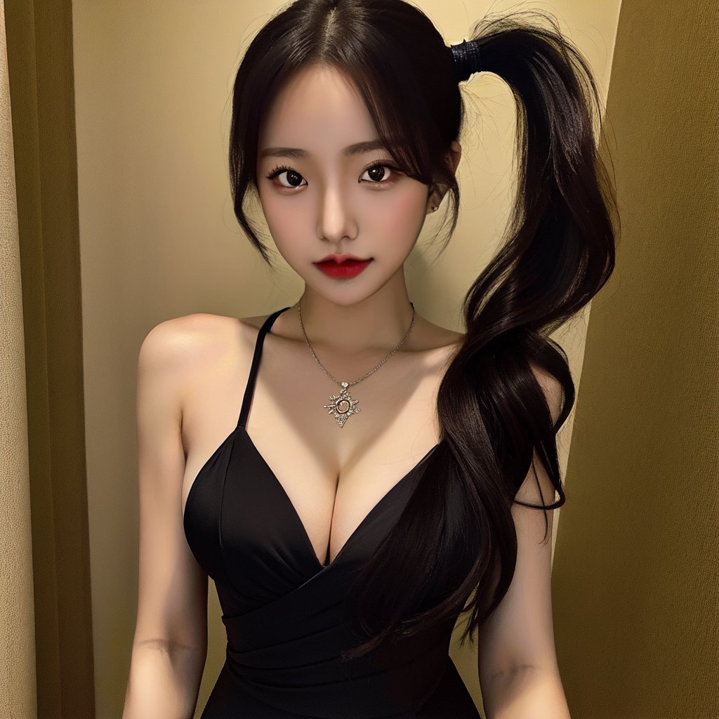 best quality, raw photo, fully photo, uhd, 1girl, solo, small breasts, document, necklace, cleavage, long hair, black hair, long_ponytail, seductive, black gradient evening gown, showing hand, lady, standing, erotic pose, pore, looking at viewer, detailed background, white skin, highres, hdr, intricate detail