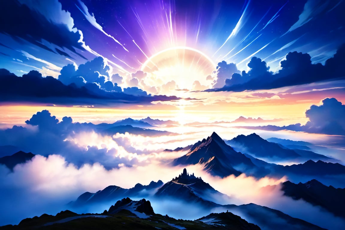 A dreamlike sky, where clouds deepen unseen, thick and swirling in the twilight, viewed from a mystical mountain peak. The clouds are dense and shadowy, their edges glowing faintly with an eerie light. In the background, the silhouette of a distant horizon just barely visible through the heavy mist. Atmospheric, soft gradients of cool purples and blues, subtle light rays breaking through the clouds. Created Using: surrealism, fantasy landscape art, soft brushes, delicate shading, volumetric lighting, glowing effects, mystical ambiance, cinematic focus.
