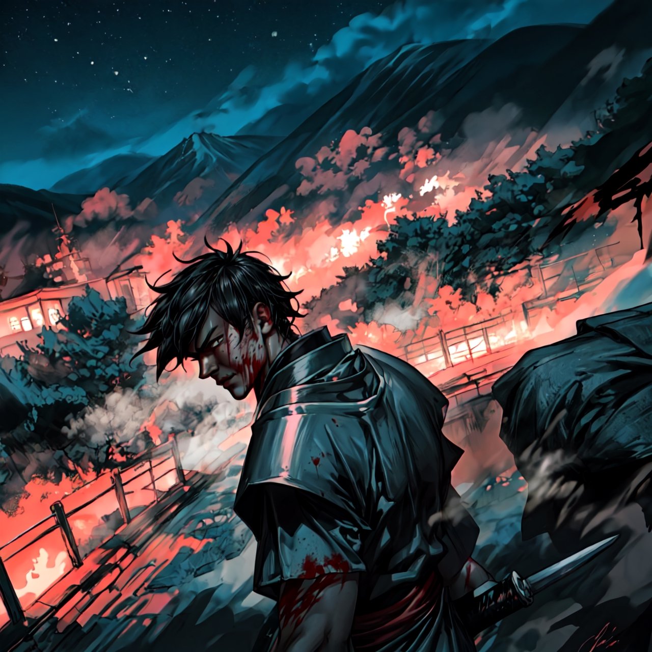 A samurai fighting with enemies covered in blood, night time, ninjas, japan scenery, bloody battle, exhilirating battle, 300 DPI, HD, 8K, Best Perspective, Best Lighting, Best Composition, Good Posture, High Resolution, High Quality, 4K Render, Highly Denoised, Clear distinction between object and body parts, Masterpiece, Beautiful face, 
Beautiful body, smooth skin, glistening skin, highly detailed background, highly detailed clothes, 
highly detailed face, beautiful eyes, beautiful lips, cute, beautiful scenery, gorgeous, beautiful clothes,
,SDK