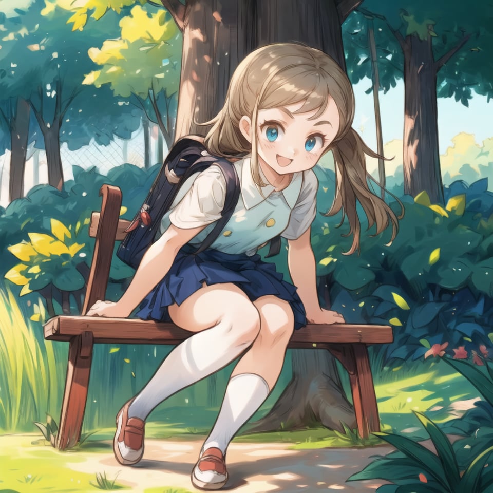 Create an image of a beautiful, cute teenage girl sitting on a wooden bench in a vibrant school playground. The girl has long, flowing hair gently swaying in the breeze, with soft waves framing her face. She is wearing a neat school uniform consisting of a white blouse with a light blue skirt, and her shoes are polished black. Her eyes sparkle with joy as she gazes happily towards the school ground where a group of children are playing football.

The football field is filled with energy, with a few boys and girls dressed in similar school uniforms running around, chasing a soccer ball. Their faces show excitement and determination. The field is surrounded by lush green grass, and tall trees line the background, with their leaves swaying gently. The sunlight is warm, casting a soft glow over the entire scene, with rays illuminating the girl's face, enhancing her radiant, cheerful expression.

The bench is positioned slightly to the side of the field, under the shade of a large tree, and the girl sits comfortably with her hands resting on her lap. The surrounding area includes scattered school bags near the bench, and a few students are seen sitting or walking around, adding to the lively atmosphere of the school ground. The overall mood of the image is peaceful and joyful, capturing a serene moment in a typical school day.,schoolkid oras,cutegirlmix