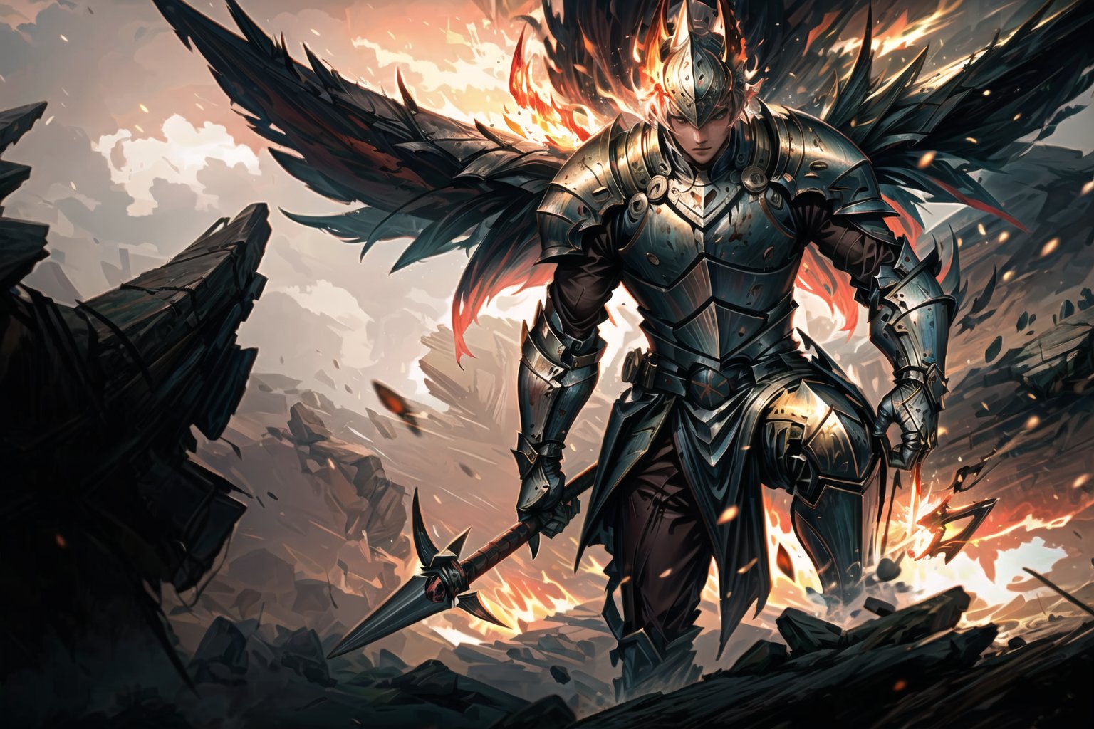 The art depicts a battle-worn knight standing in the midst of a fiery battleground. The knight's armor is battered and covered in scars, a testament to their countless battles and unwavering determination. The battlefield is illuminated by the intense flames that engulf the surroundings, casting an eerie glow on the scene.

The knight holds a spear aloft, its tip aflame with ethereal fire that burns with a fierce intensity. The flames dance along the length of the spear, casting flickering shadows on the knight's face, revealing a mix of weariness and unyielding resolve. Each scar on the knight's body tells a story of past struggles, a visual representation of the sacrifices made in the pursuit of a greater cause.

As the knight charges forward, their eyes lock onto an unseen adversary, the determination in their gaze unshakable. The clash of steel against steel and the crackling of flames create a symphony of chaos and bravery. Behind the knight, the landscape is a chaotic blend of billowing smoke, swirling flames, and shattered armor, capturing the intensity of the battle.

The overall composition evokes a sense of raw courage, resilience, and the willingness to face insurmountable odds. The combination of the knight's scars, blood-streaked armor, and the blazing spear portrays a powerful narrative of endurance, bravery, and unwavering commitment in the face of a relentless inferno.