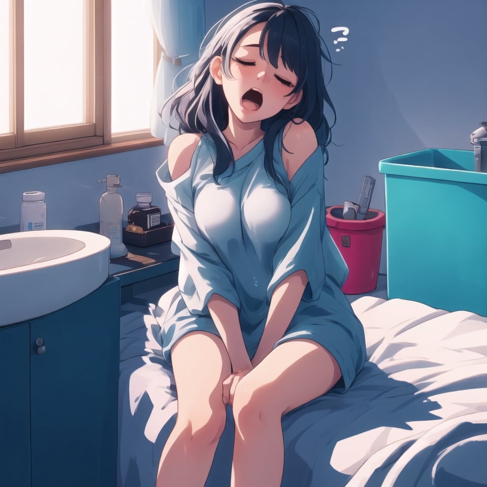 It was early morning, and she stumbled out of bed, her movements sluggish with sleep. Her long, baggy shirt hung loosely from her shoulders, slipping down slightly to reveal a glimpse of her medium-sized breasts. Her hair was a messy tangle, evidence of a restless night. With a soft yawn escaping her lips, she made her way to the bathroom, still half-asleep, her tired eyes barely open.

300 DPI, HD, 8K, Best Perspective, Best Lighting, Best Composition, Good Posture, High Resolution, High Quality, 4K Render, Highly Denoised, Clear distinction between object and body parts, Masterpiece, Beautiful face, 
Beautiful body, smooth skin, glistening skin, highly detailed background, highly detailed clothes, 
highly detailed face, beautiful eyes, beautiful lips, cute, beautiful scenery, gorgeous, beautiful clothes, best lighting, cinematic , great colors, great lighting, masterpiece, Good body posture, proper posture, correct hands, 
correct fingers, right number of fingers, clear image, face expression should be good, clear face expression, correct face , correct face expression, better hand position, realistic hand position, realistic leg position, no leg deformed, 
perfect posture of legs, beautiful legs, perfectly shaped leg, leg position is perfect,

,shirt,WAKEUPYAWN