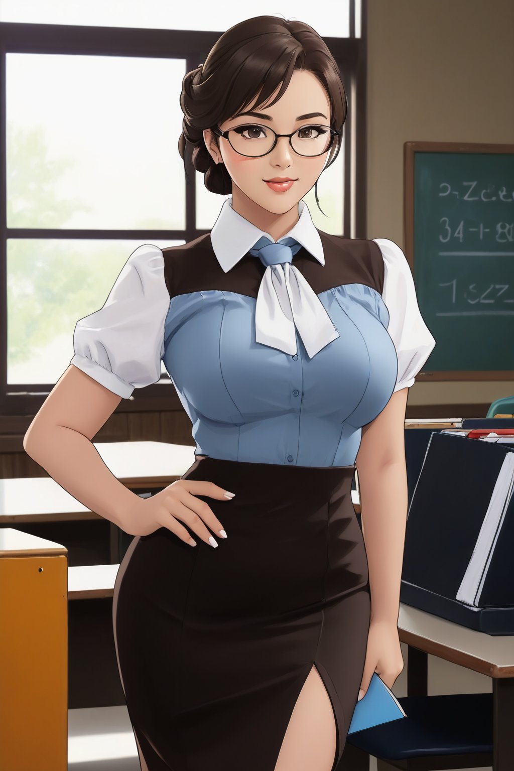 a slightly chubby teacher women enter the class in her tight formal sexy outfit, with books in one hand and glasses on her beautiful eyes and with her hair tied with tight formal dress which enhances her curvy body figure she enter the classroom filled with shocked students.

A dynamic image of a confident female teacher with a slightly chubby figure entering a classroom, dressed in a tight formal outfit that emphasizes her curves. Books in hand, glasses on, and her hair neatly tied, she walks into a room full of shocked students. The classroom is modern, with bright, natural light streaming through large windows, emphasizing the contrast between her bold presence and the students' astonishment. Captured with an 85mm lens, low-angle shot, soft lighting, bokeh background, hd quality, vivid style .

HD, 8K, Best Perspective, Best Lighting, Best Composition, Good Posture, High Resolution, High Quality, 4K Render, Highly Denoised, Clear distinction between object and body parts, Masterpiece, Beautiful face, 
Beautiful body, smooth skin, glistening skin, highly detailed background, highly detailed clothes, 
highly detailed face, beautiful eyes, beautiful lips, cute, beautiful scenery, gorgeous, beautiful clothes, best lighting, cinematic , great colors, great lighting, masterpiece, Good body posture, proper posture, correct hands, 
correct fingers, right number of fingers, clear image, face expression should be good, clear face expression, correct face , correct face expression, better hand position, realistic hand position, realistic leg position, no leg deformed, 
perfect posture of legs, beautiful legs, perfectly shaped leg, leg position is perfect, proper hand posture, no hand deformation, no weird palm angle, no unnatural palm posture, no fingers sticking to each other, clear different between fingers of the hand,
no deformed arm, better posture for arms, perfect arms, realistic arms, correct length of fingers, perfect length fingers, stunning look, use of fibonacci in the art, no unrealistic fingers, ankle of arms should be correct, 
ankle of hand shoud be correct, hand ankle should not be unrealistic, perfect hand ankle, good posture for hand ankle, smooth posture for hand ankle, size composition should be correct, size comparison between object and human should match real life,
perfect size composition, no watermarks, no artist name, no any stamp, 

slightly_chubby, class_room, glasses, tight_clothing, tight_formals, formals, formal_skirt, teacher, 