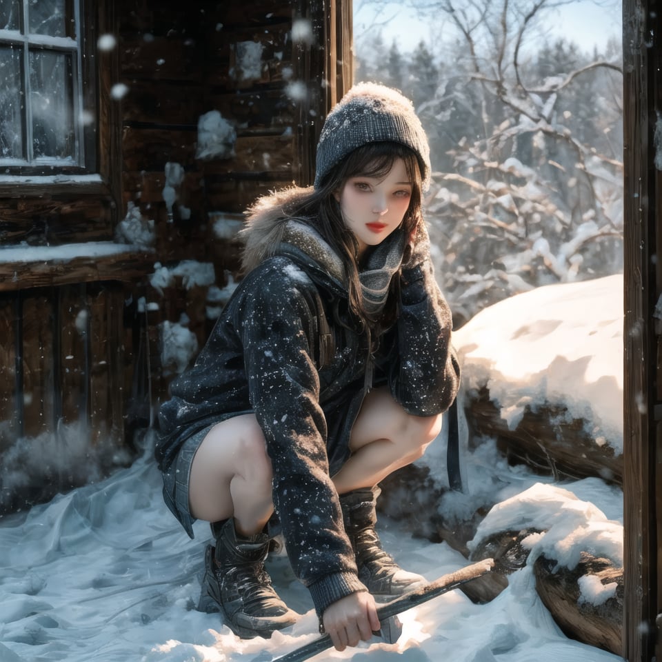 A woman shoveling snow outside a log cabin, bundled up in winter gear.

A photograph of a woman shoveling snow outside a rustic log cabin, bundled up in warm winter gear, with a thick scarf and fur-lined hood. The snow is fresh and powdery, surrounding her and the cabin. The log cabin has a smoking chimney and frost-covered windows. The scene is set in a dense forest, with tall, snow-covered pine trees in the background. Golden light from the cabin windows spills onto the snow, creating a warm contrast against the cold blue tones of the snow and sky. HD quality, natural lighting, realistic winter atmosphere, Canon EOS 5D, soft shadows, crisp details .


HD, 8K, Best Perspective, Best Lighting, Best Composition, Good Posture, High Resolution, High Quality, 4K Render, Highly Denoised, Clear distinction between object and body parts, Masterpiece, Beautiful face, 
Beautiful body, smooth skin, glistening skin, highly detailed background, highly detailed clothes, 
highly detailed face, beautiful eyes, beautiful lips, cute, beautiful scenery, gorgeous, beautiful clothes, best lighting, cinematic , great colors, great lighting, masterpiece, Good body posture, proper posture, correct hands, 
correct fingers, right number of fingers, clear image, face expression should be good, clear face expression, correct face , correct face expression, better hand position, realistic hand position, realistic leg position, no leg deformed, 
perfect posture of legs, beautiful legs, perfectly shaped leg, leg position is perfect, proper hand posture, no hand deformation, no weird palm angle, no unnatural palm posture, no fingers sticking to each other, clear different between fingers of the hand,
no deformed arm, better posture for arms, perfect arms, realistic arms, correct length of fingers, perfect length fingers, stunning look, use of fibonacci in the art, no unrealistic fingers, ankle of arms should be correct, 
ankle of hand shoud be correct, hand ankle should not be unrealistic, perfect hand ankle, good posture for hand ankle, smooth posture for hand ankle, size composition should be correct, size comparison between object and human should match real life,
perfect size composition,

 
