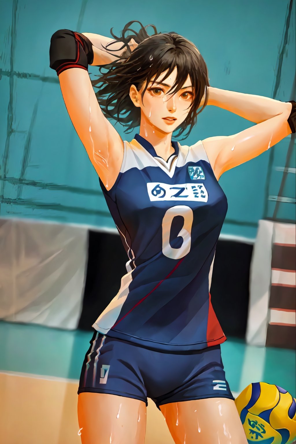 a women playing volleyball in court, her sweat made her uniform wet making her figure more enhanced, sexy volleyball uniform, sweat, playing, ass, sexy ass, unifrom till her upper thigh, armpit, 

300 DPI, HD, 8K, Best Perspective, Best Lighting, Best Composition, Good Posture, High Resolution, High Quality, 4K Render, Highly Denoised, Clear distinction between object and body parts, Masterpiece, Beautiful face, 
Beautiful body, smooth skin, glistening skin, highly detailed background, highly detailed clothes, 
highly detailed face, beautiful eyes, beautiful lips, cute, beautiful scenery, gorgeous, beautiful clothes, best lighting, cinematic , great colors, great lighting, masterpiece, Good body posture, proper posture, correct hands, 
correct fingers, right number of fingers, clear image, face expression should be good, clear face expression, correct face , correct face expression, better hand position, unrealistic hand position,  no volleyball in the image, 

,volleyball uniform,nar_kurenai_yuhi