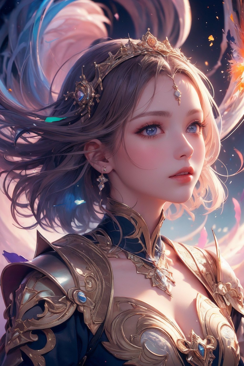 (detailed, sharp details:1.3),(masterpiece:1.3), 1girl, innocent expression, divine armor, multitude of color, colors being sucked into vortex in middle, girl holding vortex, ascension, godly atmosphere, paint splattered around, (central vortex:1.4), (floating particles:1.3), subsurface scattering, skin texture, blush,1 girl