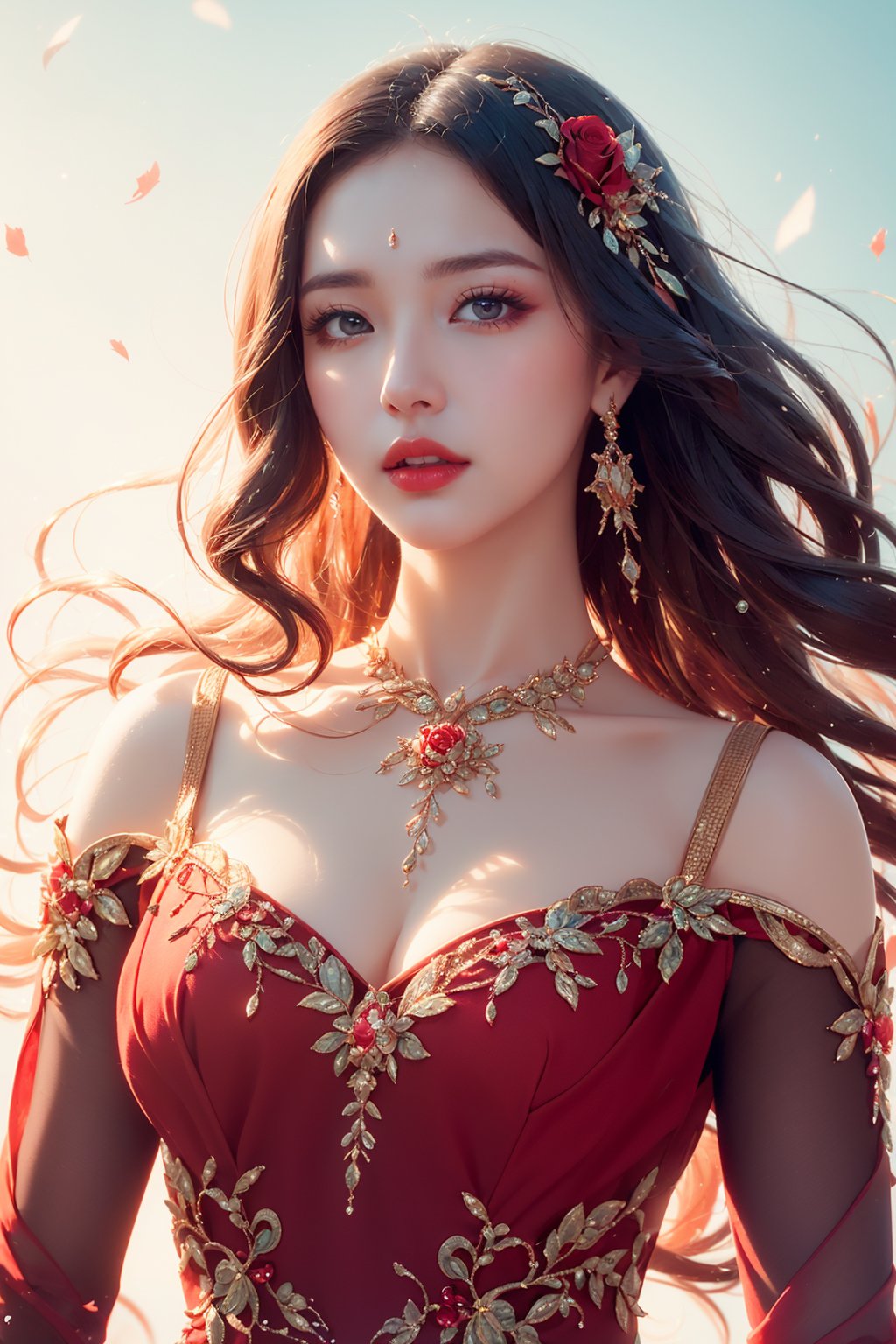 A detailed bright 32k upper body abstract photograph of a beautiful woman in red dress, painted with curly red rose particles, blue sky color palette, James Jean, insane details, very detailed, epic, dramatic, photorealistic, photography, hyperornate details, bokeh, particuls, ultra detail, unreal,1 girl