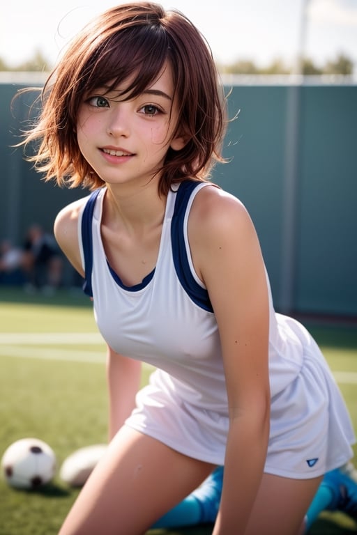 1girl, (((18yo))), (((bautiful))), ((lolicon)), A petite 18 years old English girl, with short hair, red hair, blonde streaked hair, floating hair.

Dress in white sports clothing and comfortable sneakers, ready for any physical activity, It has a youthful and energetic appearance.

soccer player, in sports ground, full of sweat, clothes soaked, see through, small tits, visible nipples, light pink nipples.

nsfw, (totale dark background), masterpiece, best quality, realistic, photorealistic, high resolution, 8K, HDR, bloom, raytracing, detailed shadows, bokeh, depth of field, film photography, film grain, glare, (wind:0.8), detailed hair, perfect face, beautiful face, beautiful girl, ultra detailed eyes, cinematic lighting, (hyperdetailed:1.15), little_cute_girl