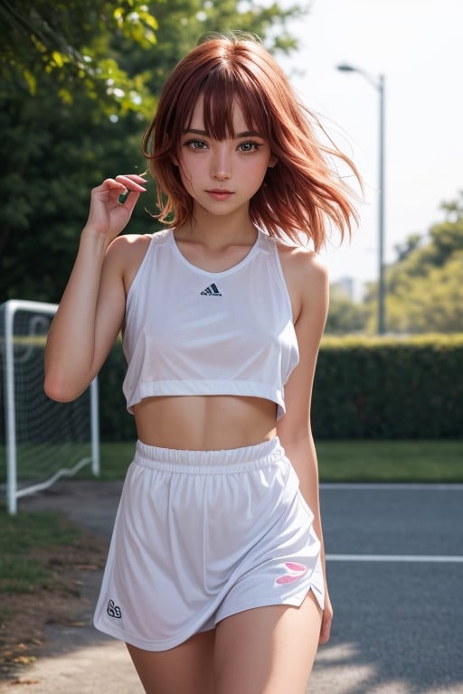 1girl, (((18yo))), (((bautiful))), ((lolicon)), a a A petite 18 years old British girl, with short hair, red hair, blonde streaked hair, floating hair.

soccer player, full of sweat, It has a youthful and energetic appearance.

Dress in white sports clothing and comfortable sneakers, ready for any physical activity, clothes soaked, see through, small tits, visible nipples, light pink nipples.

nsfw, (totale dark background), masterpiece, best quality, realistic, photorealistic, high resolution, 8K, HDR, bloom, raytracing, detailed shadows, bokeh, depth of field, film photography, film grain, glare, (wind:0.8), detailed hair, perfect face, beautiful face, beautiful girl, ultra detailed eyes, cinematic lighting, (hyperdetailed:1.15), little_cute_girl