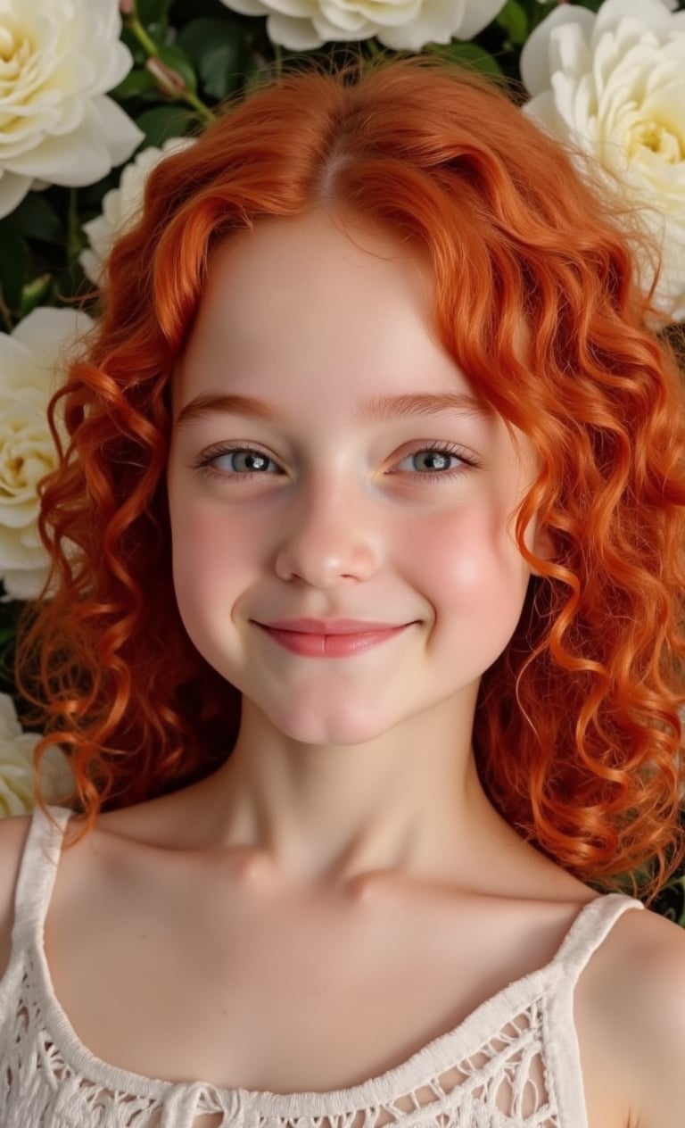 A beautiful girl with curly red hair smiles against a background of white roses.