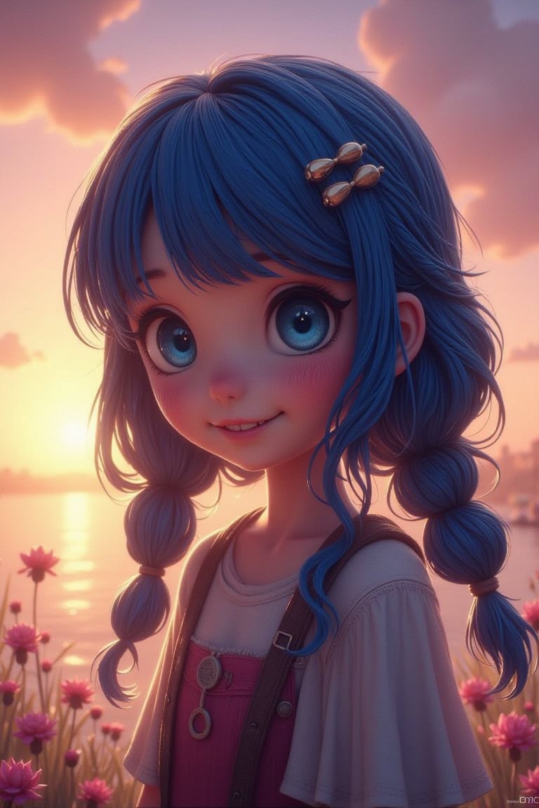 a girl with blue hair, curls, golden hairpins in her hair, smiling happily.against the background of the sunset