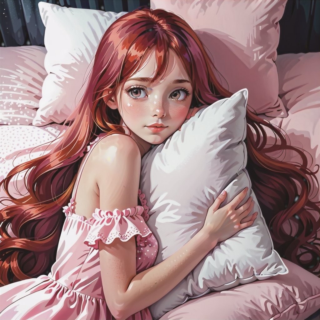 a young girl, beautiful face, with long red hair,in a pink nightgown, hugging a pillow. stylization,hyperdetalization,poster