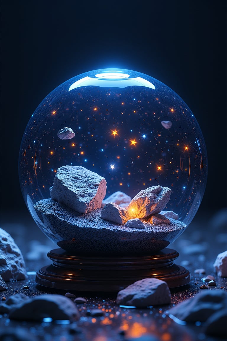 space inside a glass transparent ball, inside there are also rocks and some stars