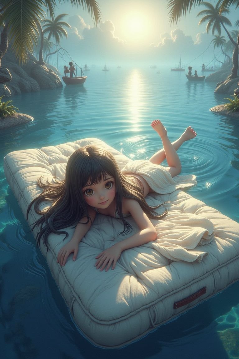 beautiful girl with long hair, lies on a mattress, floats on the water, the sun is shining